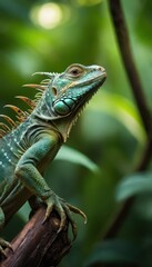 Obraz premium A close-up of an iguana perched on a branch in a dense rainforest, showcasing its detailed scales and striking spikes in a serene natural setting