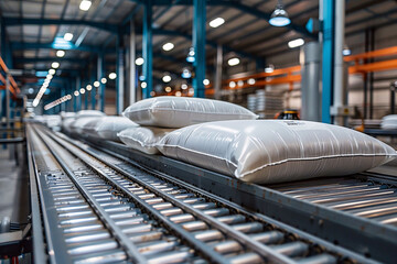 Large sacks are seen moving along a conveyor belt in a modern warehouse, highlighting efficient logistics and storage systems at work during the daytime.