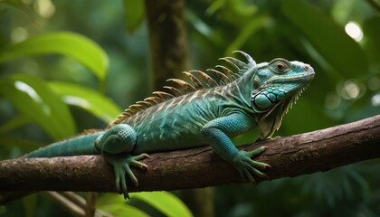 Obraz premium A close-up of an iguana perched on a branch in a dense rainforest, showcasing its detailed scales and striking spikes in a serene natural setting