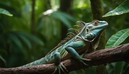 Fototapeta premium A vibrant iguana basking on a tree branch amidst a lush tropical forest, its intricate scales glowing in hues of green and blue against a blurred jungle backdrop