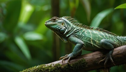 A vibrant iguana basking on a tree branch amidst a lush tropical forest, its intricate scales glowing in hues of green and blue against a blurred jungle backdrop