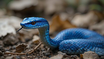 A blue viper snake with a long tail is resting on the ground