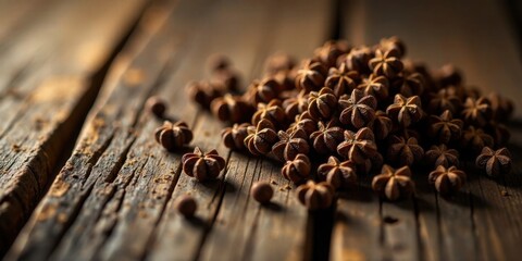 Aromatic Star Anise Seeds Scattered on Rustic Wooden Surface