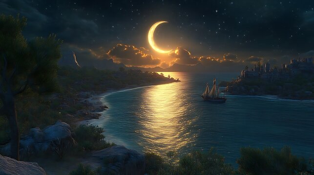 Crescent moon over coastal island, sailboat at night. - Powered by Adobe
