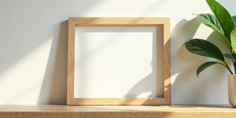 A minimalist wooden frame rests on a light wood surface, bathed in sunlight, beside a vibrant green potted plant, creating a serene and inviting home decor scene.