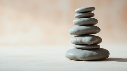 Serene Stack of Smooth Grey Stones on Neutral Background A Symbol of Balance and Tranquility