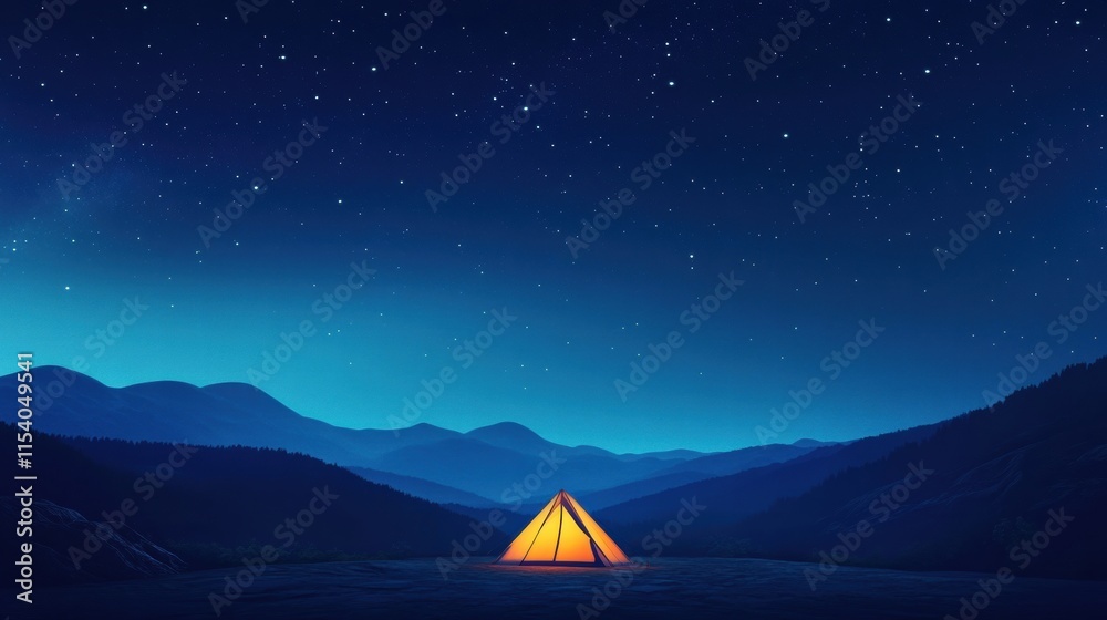 Poster Starlit camping experience in a remote location with mountains and a glowing tent. Generative AI