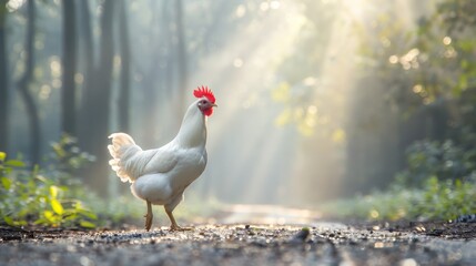 Fototapeta premium White rooster in a sunlit forest path.
