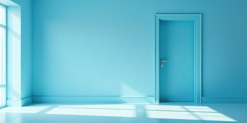 Serene Light Blue Room Interior with Closed Door and Sunlight Streaming Through Window