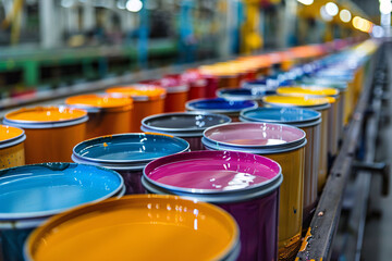 A variety of paint cans in different colors are neatly arranged along a conveyor belt in a factory setting, showcasing the products ready for distribution and use.