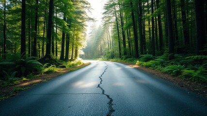 Fototapeta premium Sunlit Road Winding Through Lush Green Forest Canopy