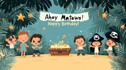 Happy birthday pirate party scene with kids.