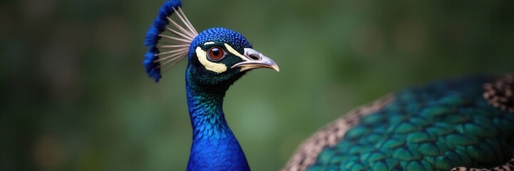 Obraz premium Close Up of a Majestic Peacock's Head with Vivid Blue Feathers and Sharp Beak against a Blurred Green Background showing its elegant grace