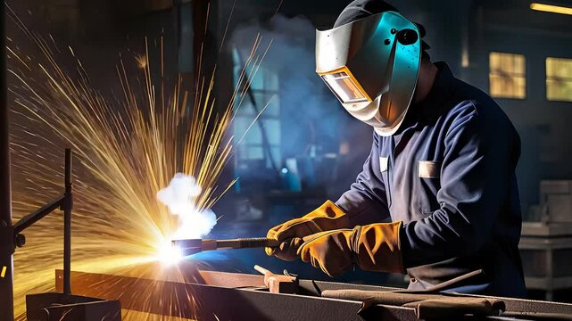 Professional Welder Working with Sparks Flying in an Industrial Workshop Wearing Protective Gear


