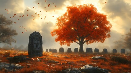 Autumnal scene with a carved stone, fiery tree, and row of standing stones in a misty landscape.