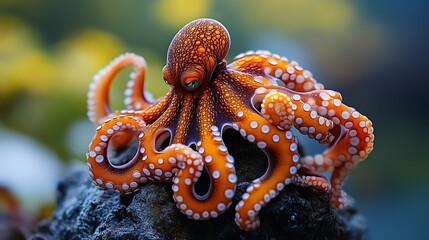 Obraz premium Orange octopus with white spots on dark rock.