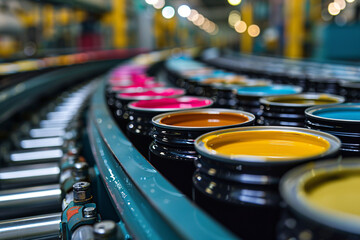 A row of vibrant paint containers moves along a conveyor belt in a busy manufacturing facility, showcasing a variety of colors under bright overhead lights. The atmosphere is lively and organized.