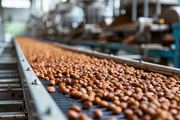 Fototapeta premium A conveyor belt is filled with almonds moving through a processing facility. Workers ensure quality and efficiency in the factory. The interior is bright and functional, focused on production.