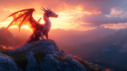 Majestic Red Dragon Perched on Mountaintop Sunset