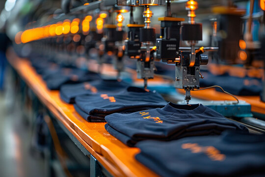 In a textile factory, a neat row of t-shirts awaits processing on the assembly line, illuminated by industrial lights, highlighting the efficient manufacturing workflow.