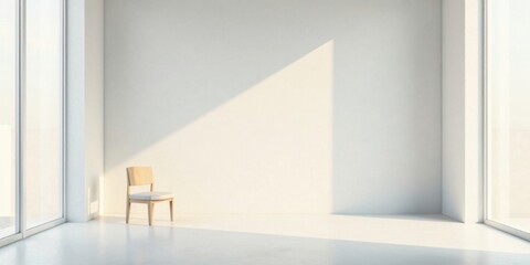 A solitary chair basks in the soft light filtering through expansive windows in a minimalist, bright room.