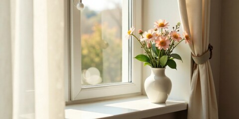 Sunlight illuminating delicate peach blossoms in a simple vase, peacefully resting on a sunlit windowsill, beside sheer curtains