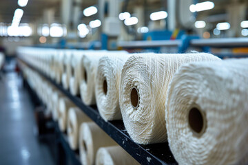 Rows of white yarn spools are organized neatly on shelves in a textile factory. The well-lit environment showcases the textile production process, emphasizing cleanliness and efficiency.