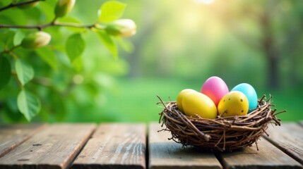 Obraz premium Colorful Easter Eggs Nestled in a Rustic Bird's Nest on Wooden Tabletop Outdoors