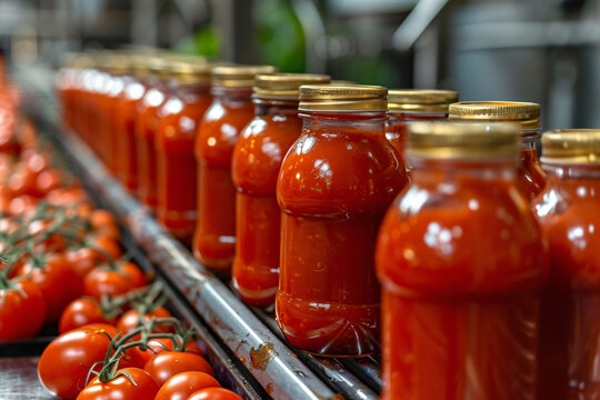 Jars filled with vibrant tomato sauce are lined up on a production line, with fresh tomatoes nearby, highlighting the canning process during the busy harvest season.