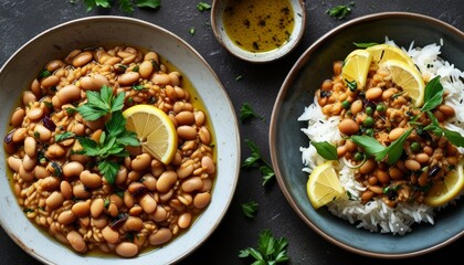 Fototapeta premium Gourmet Zeytinya Beans Combo with Rice and Fresh Lemon, Topaz and Green Garnish