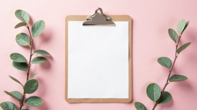 Blank clipboard with green foliage on pink background, perfect for your springtime announcements or seasonal message.