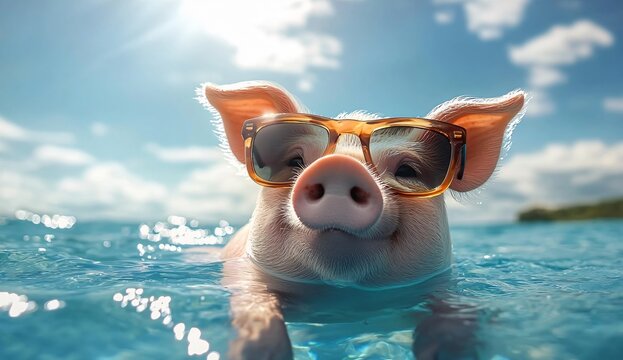 A playful pig in sunglasses floats in vibrant blue water, ideal for summer promotions, pet-themed events, or quirky advertising. Celebrate joy and fun in lifestyle designs.