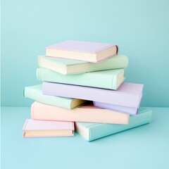 Pastel-colored books stacked on a light blue surface.