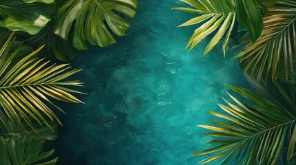 Obraz premium Tropical Leaves Frame Over Calm Blue Water Background Scene