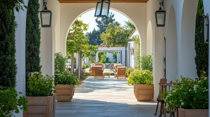 Sunlit arched walkway leading to a tranquil outdoor patio with lounge chairs and lush greenery.