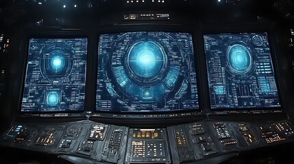 Futuristic spaceship control panel with glowing interfaces.