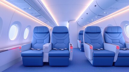 Modern airplane cabin interior with blue seats and LED lighting.