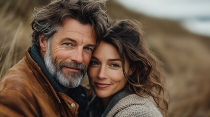 Fototapeta premium Happy couple smiling and embracing outdoors in nature