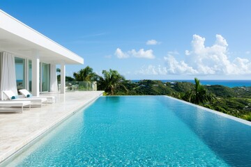 Fototapeta premium Modern Villa with Infinity Pool Overlooking Scenic Coastal View