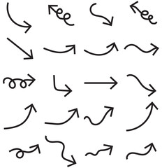 Set of black hand drawn arrow element vector. Collection of doodle arrows, lines, symbol, pointing mark, shapes on white background. Simple icon illustration for education, decoration, map