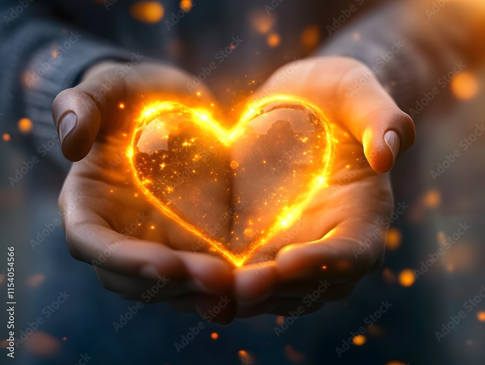 Poster Glowing Heart of Light in Hands Symbolizing Love and Compassion with Magical Sparkles Creating an Enchanting Atmosphere of Warmth and Careful Protection