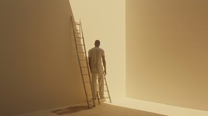 Man on ladder facing bright light in minimalist room.