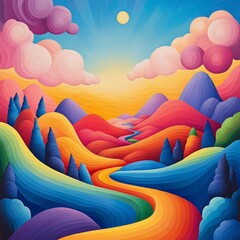 Fototapeta premium A vibrant, colorful landscape with rolling hills, a winding river, and artistic clouds.