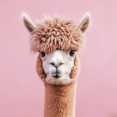 Obraz premium Adorable Alpaca Portrait with Pink Background and Soft Fur Texture
