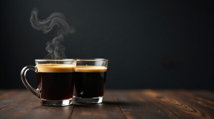 Fototapeta premium Two steaming cups of espresso coffee rest on a dark wooden surface against a blurred black background. A moment of quiet contemplation and warmth.