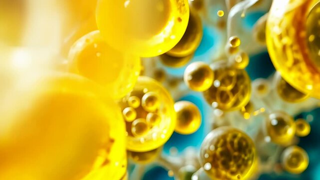 This image showcases a stunning close-up of golden celled organisms suspended in a fluid, creating a dynamic and energetic scene. The vibrant hues and textures evoke a sense of life and movement.