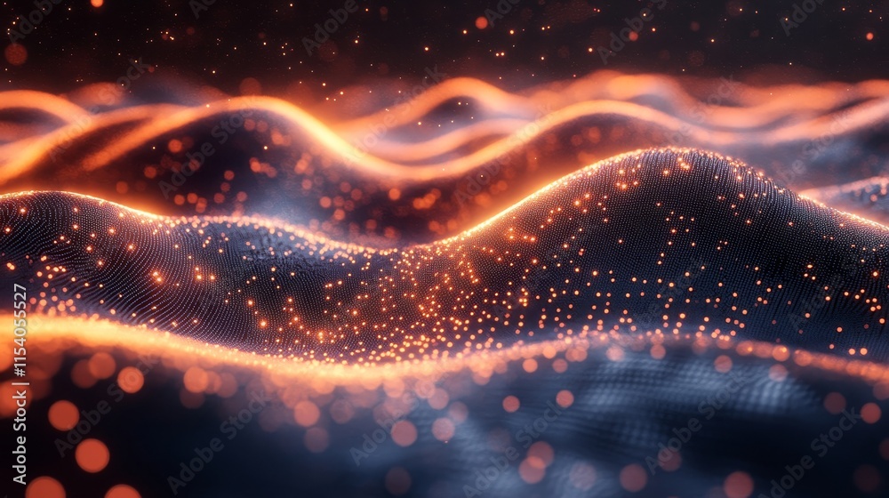 Poster dynamic waves of light and color create an abstract representation of a digital landscape at night, 