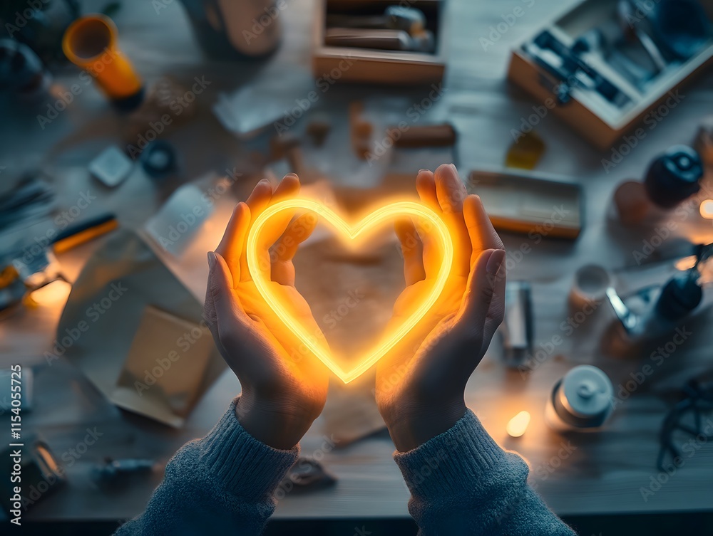 Poster illuminated heart symbol held by hands against a creative workspace surrounded by art supplies and p