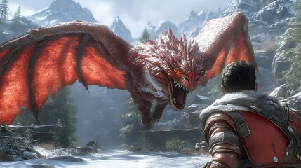 Dragon attacks man in snowy mountains.