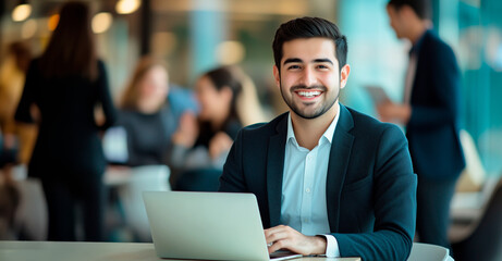 A cheerful young businessman with a laptop, engaged in a collaborative workspace with colleagues in the background